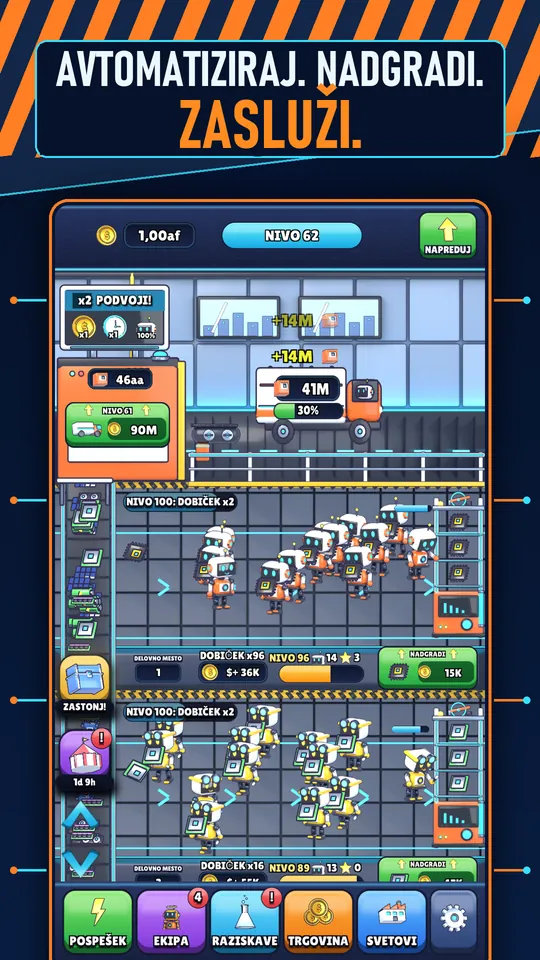 Idle AI Tovarna: Robot Tycoon - AVTOMATIZIRAJ. NADGRADI. ZASLUŽI.