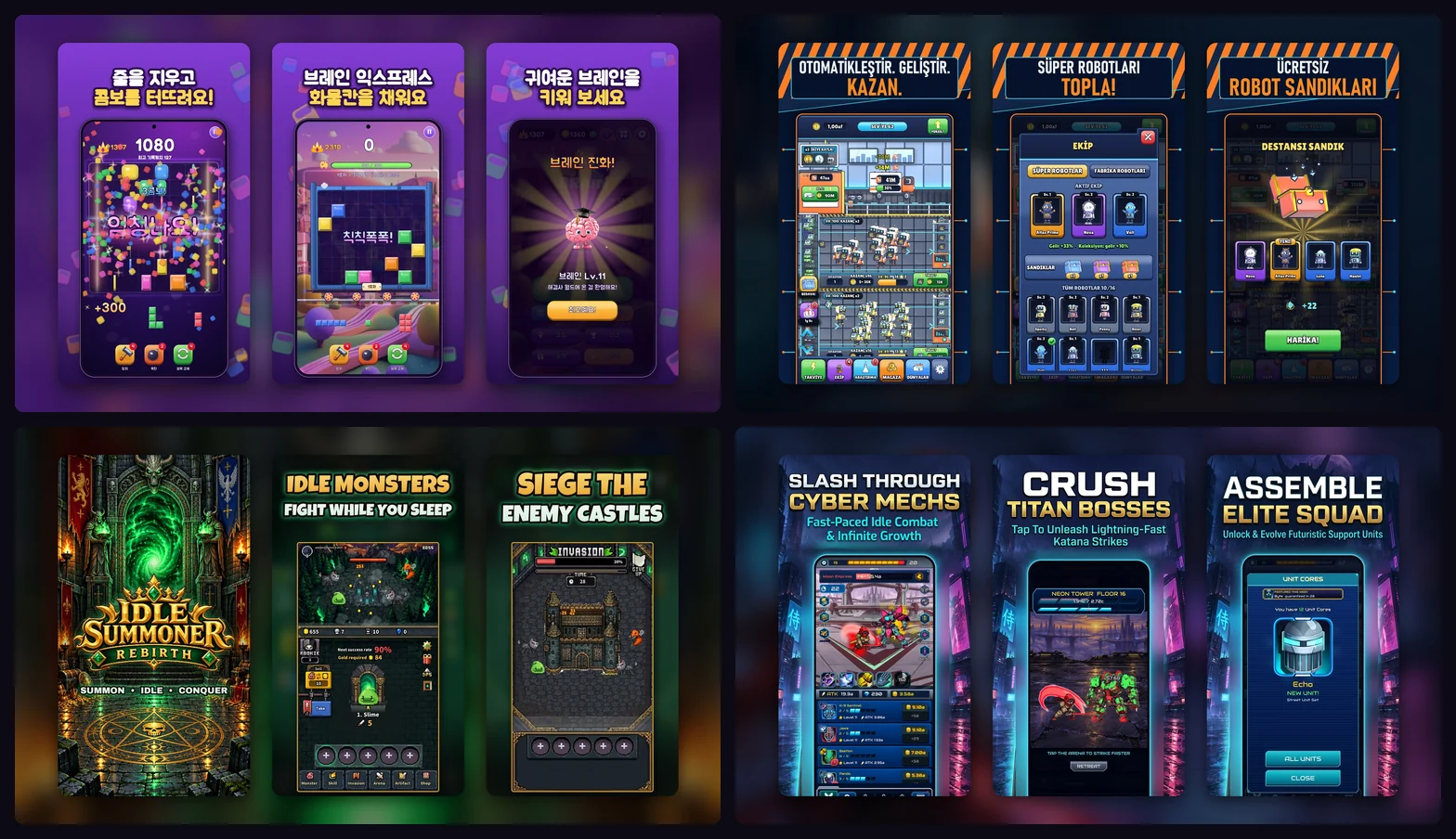 Store art for all four games: Block Brain in Korean, Idle AI Factory in Turkish, Idle Summoner and Idle Ronin in English.
