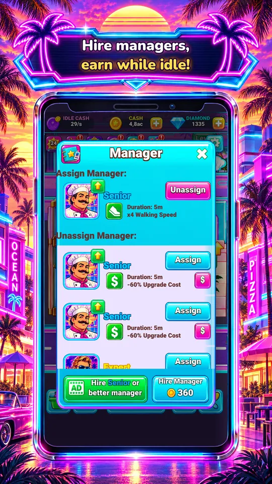 Idle Restaurant: Miami - Hire managers, earn while idle!
