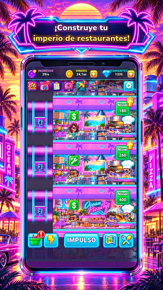 Idle Restaurant: Miami - ¡Construye tu imperio de restaurantes!