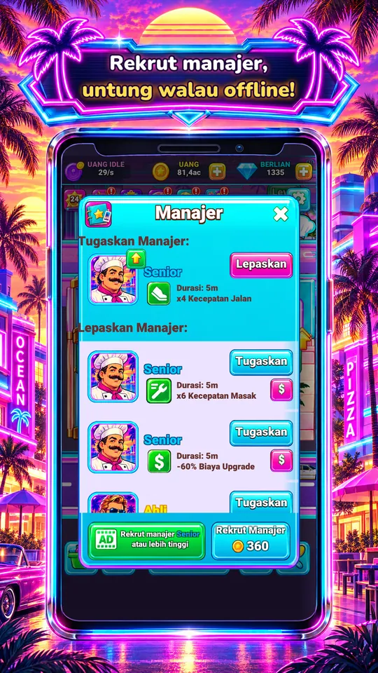 Idle Restaurant: Miami - Rekrut manajer, untung walau offline!
