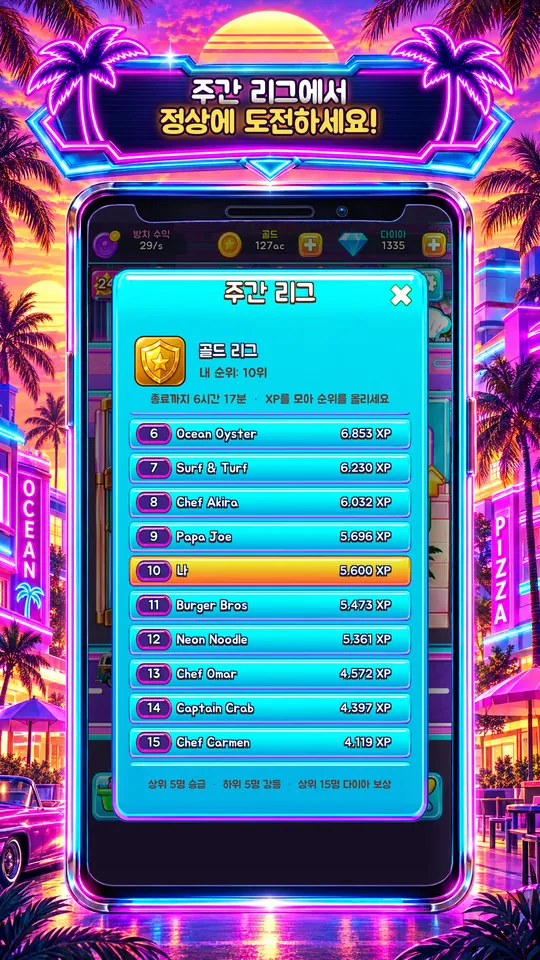 Idle Restaurant: Miami - 주간 리그에서 정상에 도전하세요!