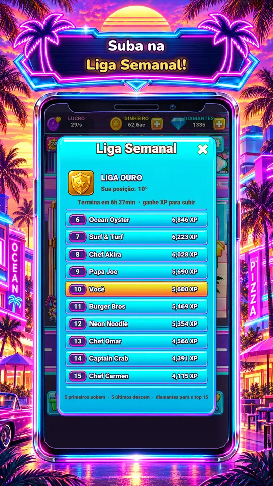 Idle Restaurant: Miami - Suba na Liga Semanal!