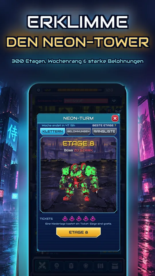 Idle Ronin: Cyber RPG - ERKLIMME DEN NEON-TOWER : 300 Etagen, Wochenrang & starke Belohnungen