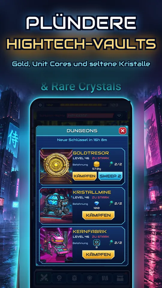 Idle Ronin: Cyber RPG - PLÜNDERE HIGHTECH-VAULTS : Gold, Unit Cores und seltene Kristalle