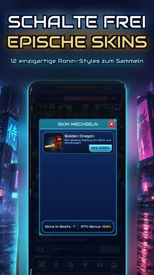 Idle Ronin: Cyber RPG - SCHALTE FREI EPISCHE SKINS : 12 einzigartige Ronin-Styles zum Sammeln