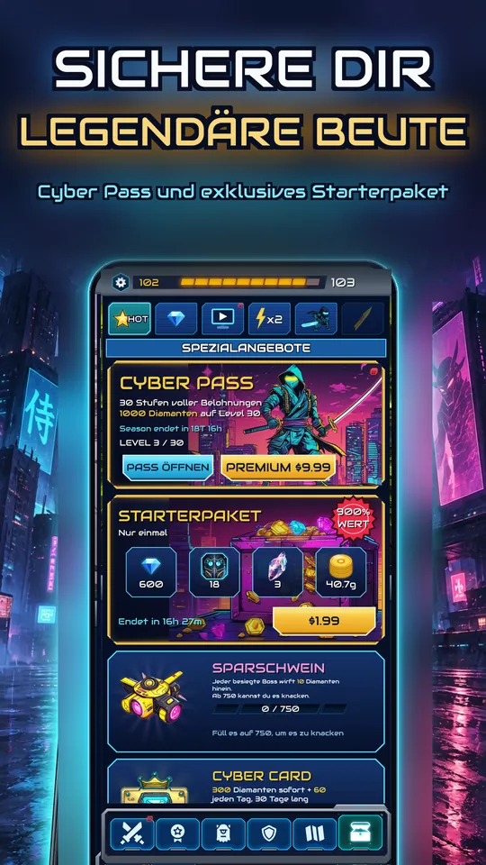 Idle Ronin: Cyber RPG - SICHERE DIR LEGENDÄRE BEUTE: Cyber Pass und exklusives Starterpaket