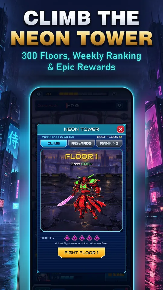 Idle Ronin: Cyber RPG - CLIMB THE NEON TOWER : 300 Floors, Weekly Ranking & Epic Rewards