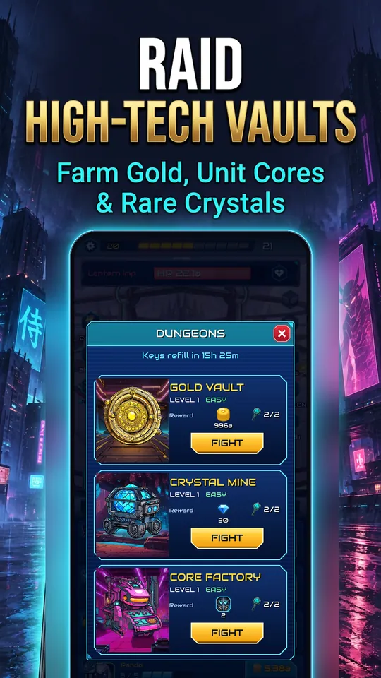 Idle Ronin: Cyber RPG - RAID HIGH-TECH VAULTS : Farm Gold, Unit Cores & Rare Crystals