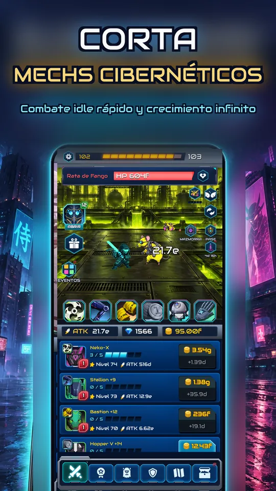 Idle Ronin: Cyber RPG - CORTA MECHS CIBERNÉTICOS: Combate idle rápido y crecimiento infinito
