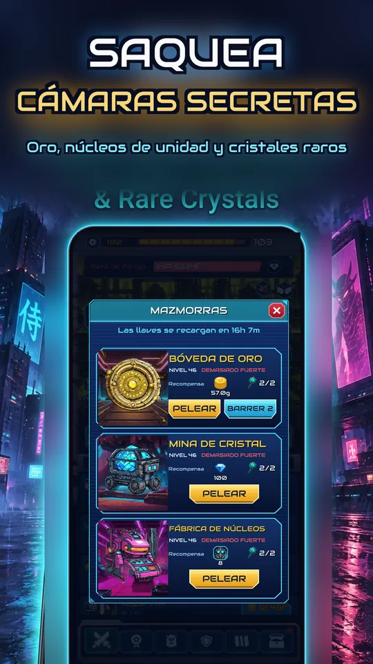 Idle Ronin: Cyber RPG - SAQUEA CÁMARAS SECRETAS : Oro, núcleos de unidad y cristales raros