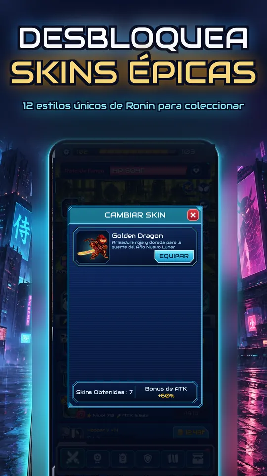 Idle Ronin: Cyber RPG - DESBLOQUEA SKINS ÉPICAS : 12 estilos únicos de Ronin para coleccionar