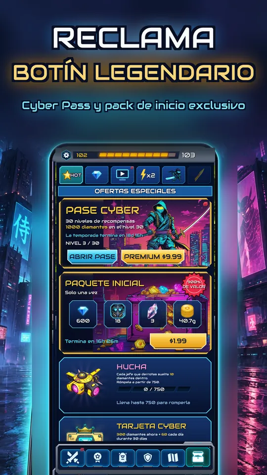 Idle Ronin: Cyber RPG - RECLAMA BOTÍN LEGENDARIO: Cyber Pass y pack de inicio exclusivo