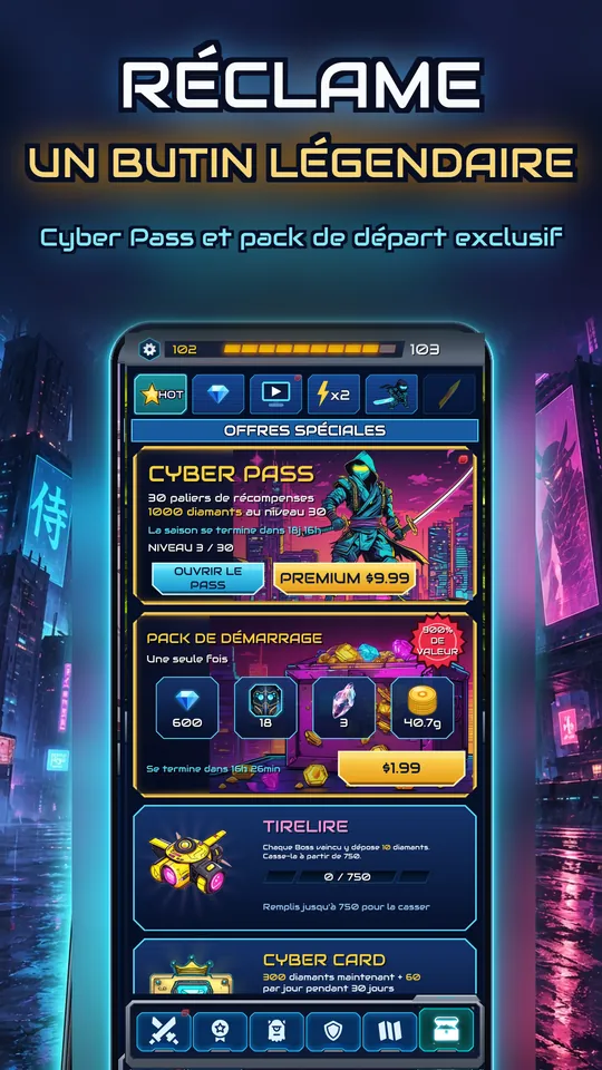 Idle Ronin: Cyber RPG - RÉCLAME UN BUTIN LÉGENDAIRE: Cyber Pass et pack de départ exclusif