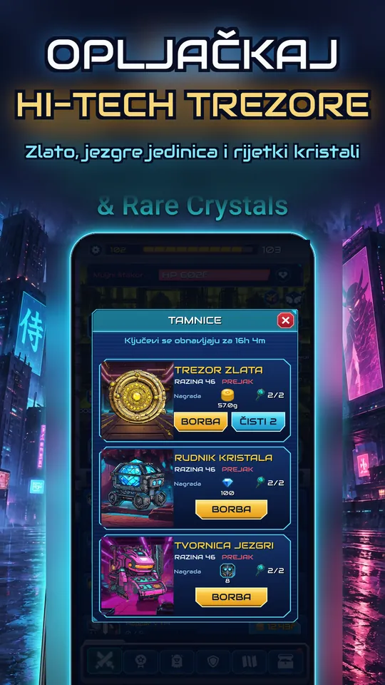 Idle Ronin: Cyber RPG - OPLJAČKAJ HI-TECH TREZORE : Zlato, jezgre jedinica i rijetki kristali
