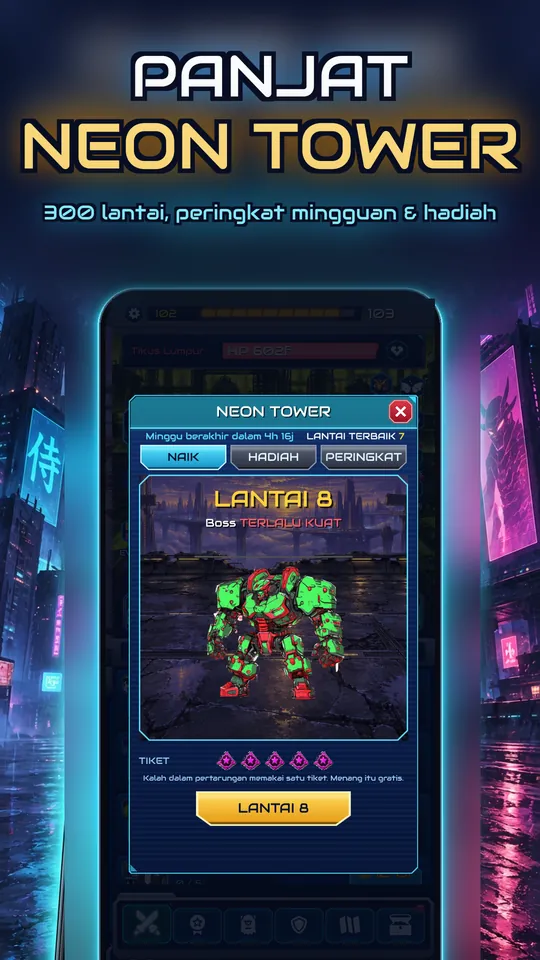 Idle Ronin: Cyber RPG - PANJAT NEON TOWER : 300 lantai, peringkat mingguan & hadiah