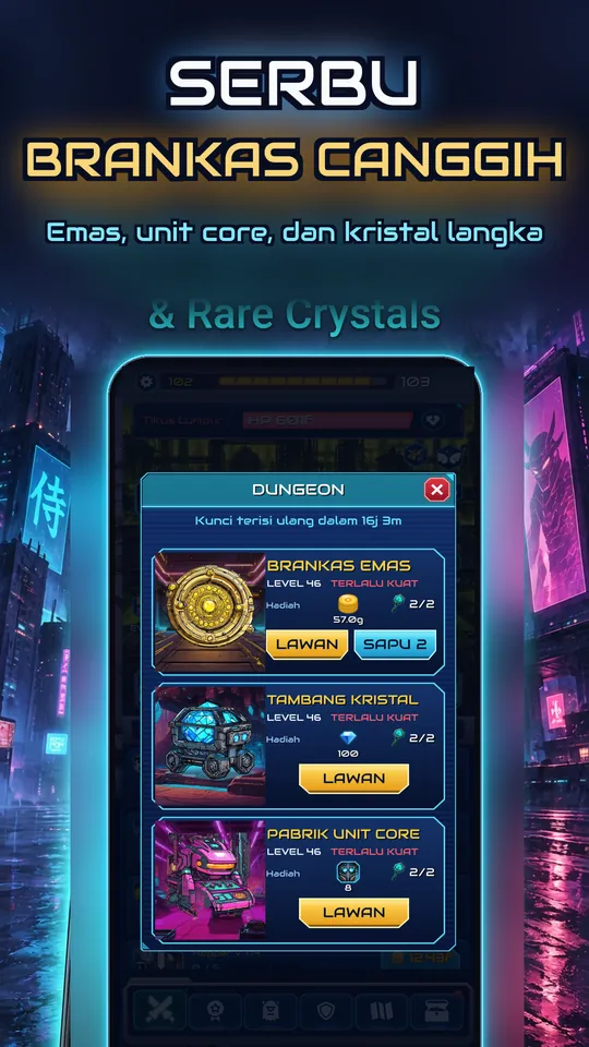 Idle Ronin: Cyber RPG - SERBU BRANKAS CANGGIH : Emas, unit core, dan kristal langka