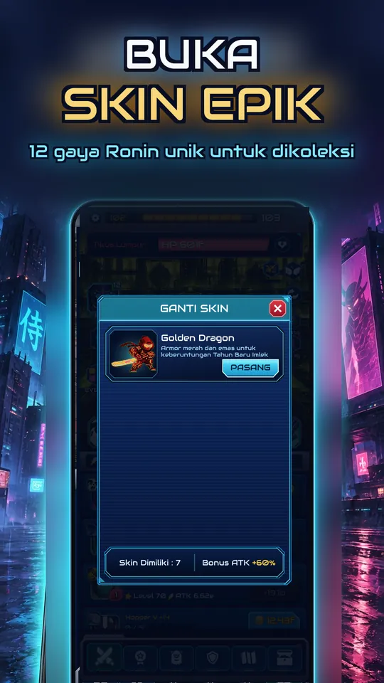 Idle Ronin: Cyber RPG - BUKA SKIN EPIK : 12 gaya Ronin unik untuk dikoleksi