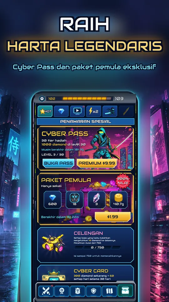 Idle Ronin: Cyber RPG - RAIH HARTA LEGENDARIS: Cyber Pass dan paket pemula eksklusif