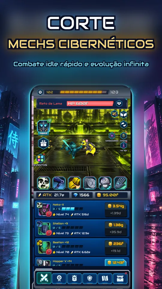 Idle Ronin: Cyber RPG - CORTE MECHS CIBERNÉTICOS: Combate idle rápido e evolução infinita