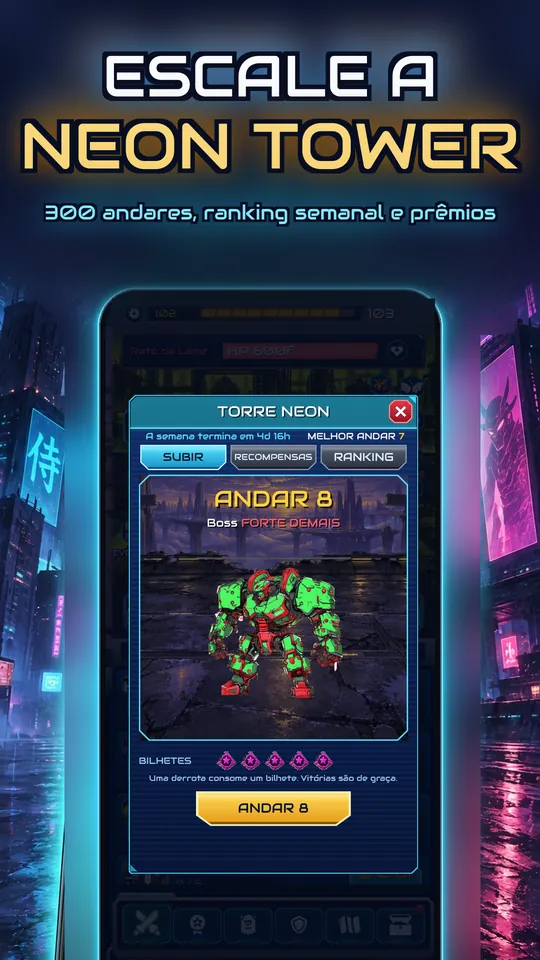 Idle Ronin: Cyber RPG - ESCALE A NEON TOWER : 300 andares, ranking semanal e prêmios