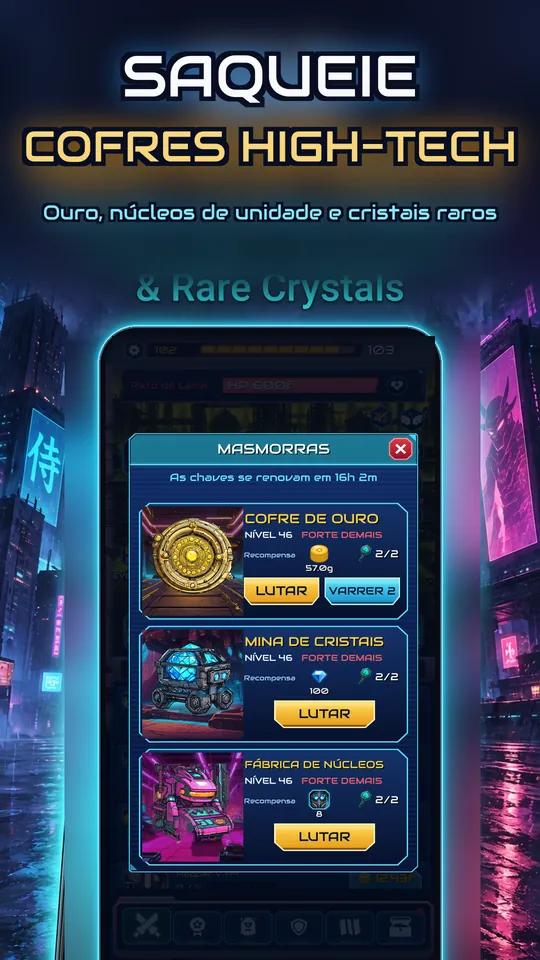 Idle Ronin: Cyber RPG - SAQUEIE COFRES HIGH-TECH : Ouro, núcleos de unidade e cristais raros