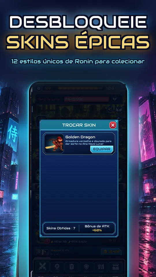 Idle Ronin: Cyber RPG - DESBLOQUEIE SKINS ÉPICAS : 12 estilos únicos de Ronin para colecionar