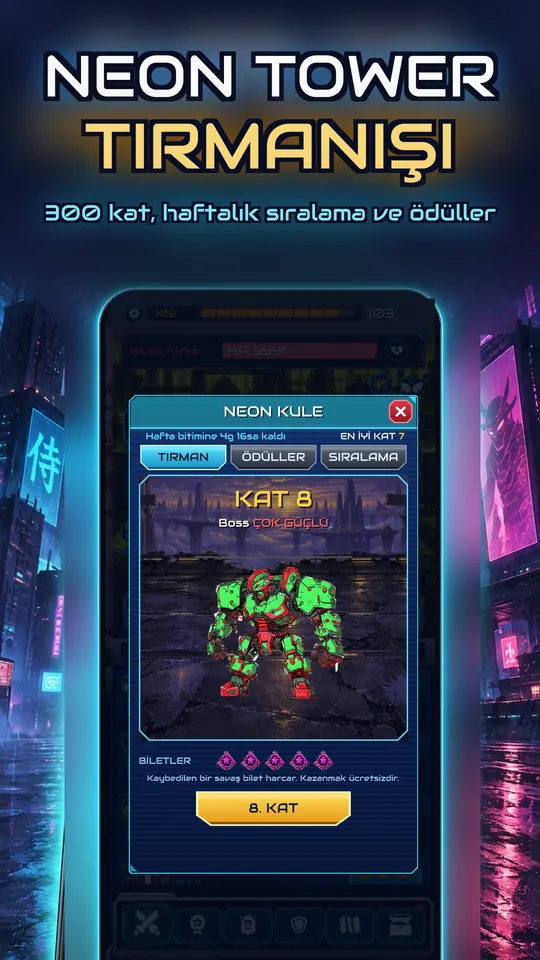 Idle Ronin: Cyber RPG - NEON TOWER TIRMANIŞI : 300 kat, haftalık sıralama ve ödüller