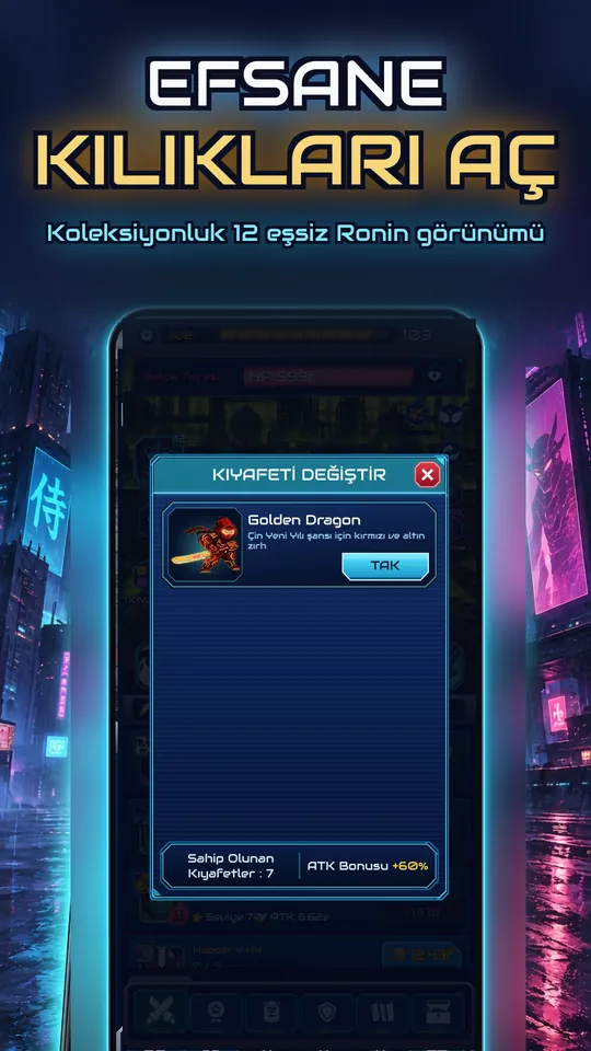 Idle Ronin: Cyber RPG - EFSANE KILIKLARI AÇ : Koleksiyonluk 12 eşsiz Ronin görünümü