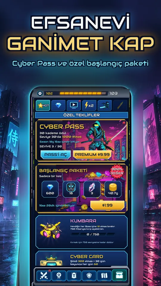 Idle Ronin: Cyber RPG - EFSANEVİ GANİMET KAP: Cyber Pass ve özel başlangıç paketi