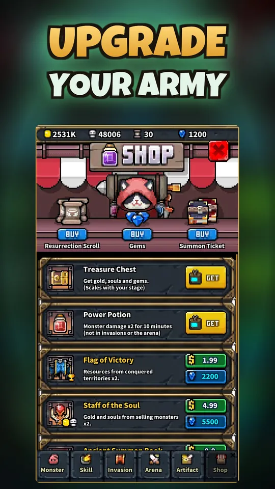 Idle Summoner: Pixel RPG - Ulepszenia i artefakty